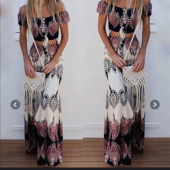 Dresses & Skirts - Off Shoulder Crop Top and Split Long Skirt